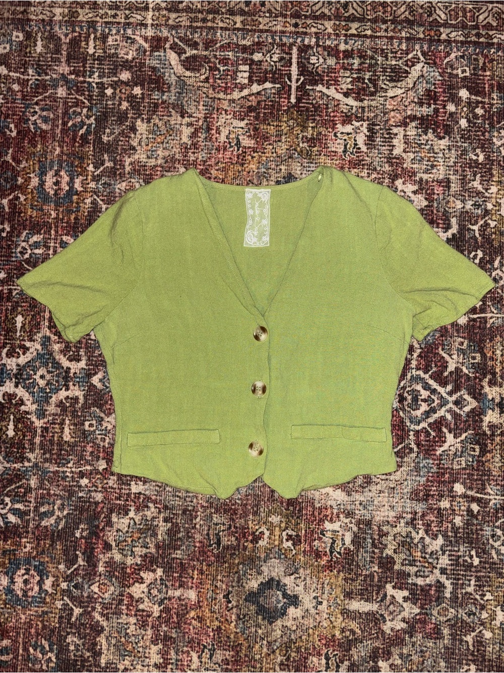 Sadie & Sage Olive Green Short-Sleeve V-Neck Button Crop Top